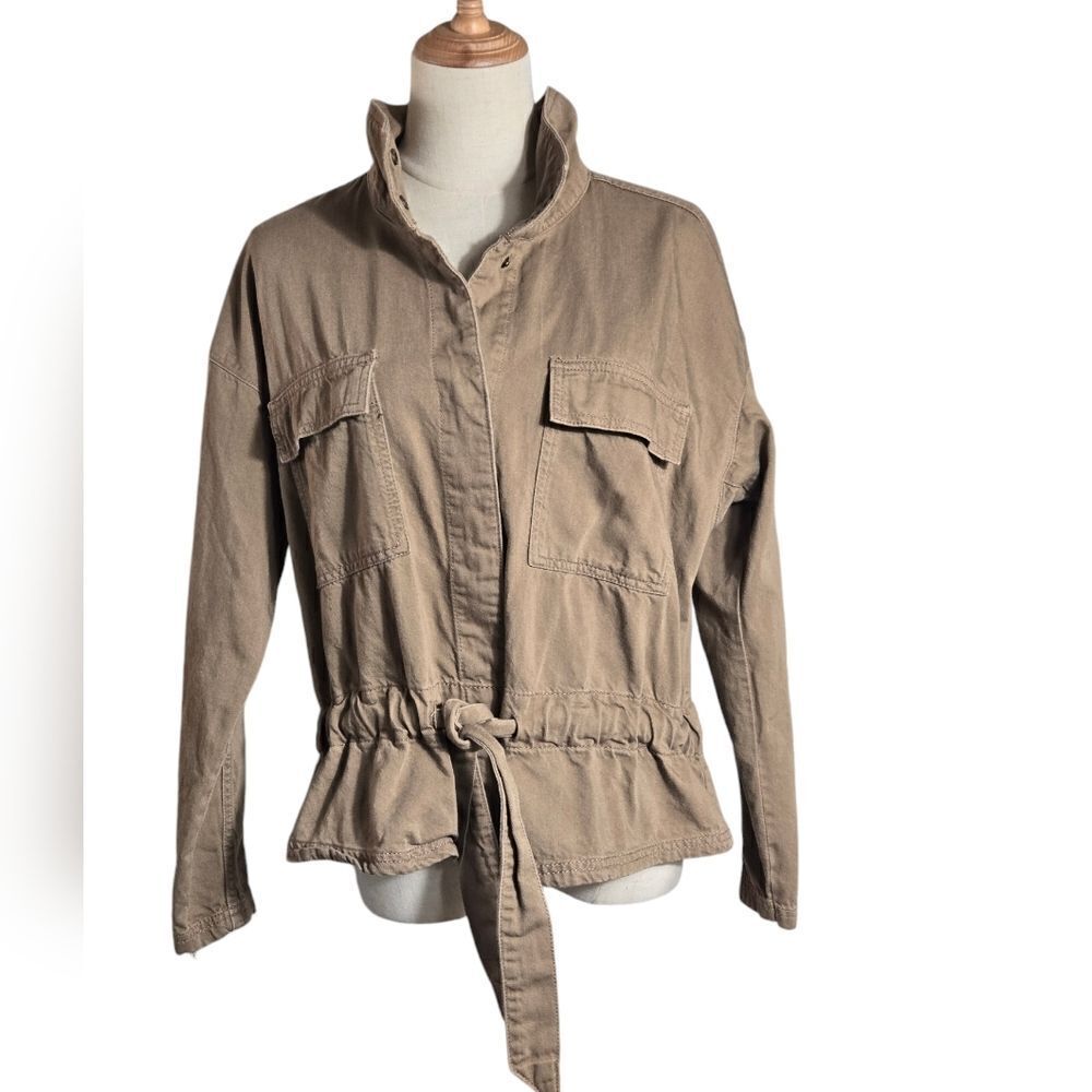 Time and Tru Tan Cropped Tie Front Utility Jacket